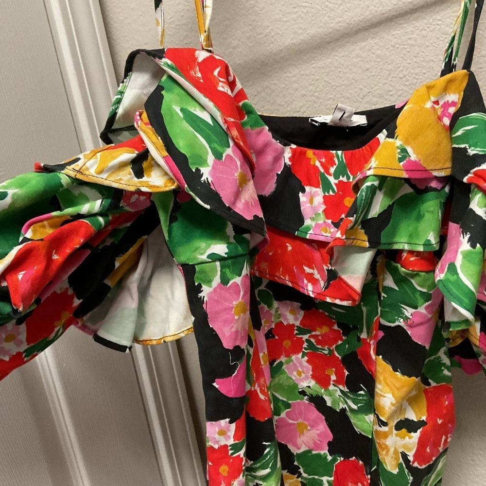 NWT Topshop Floral Bardot Mini Dress Cotton Blend Bold Ruffle Off Shoulder - Picture 5 of 7